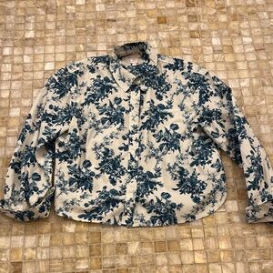 Love Shack Fancy X GAP Cream Button-Up Blouse with Dark Teal Floral Size Small